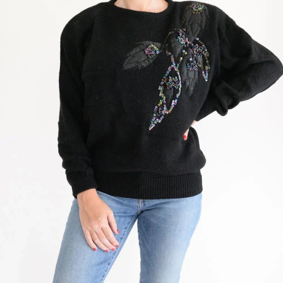 Vintage Black with Beaded Floral Knit Crewneck Sweater - Picture 2 of 12
